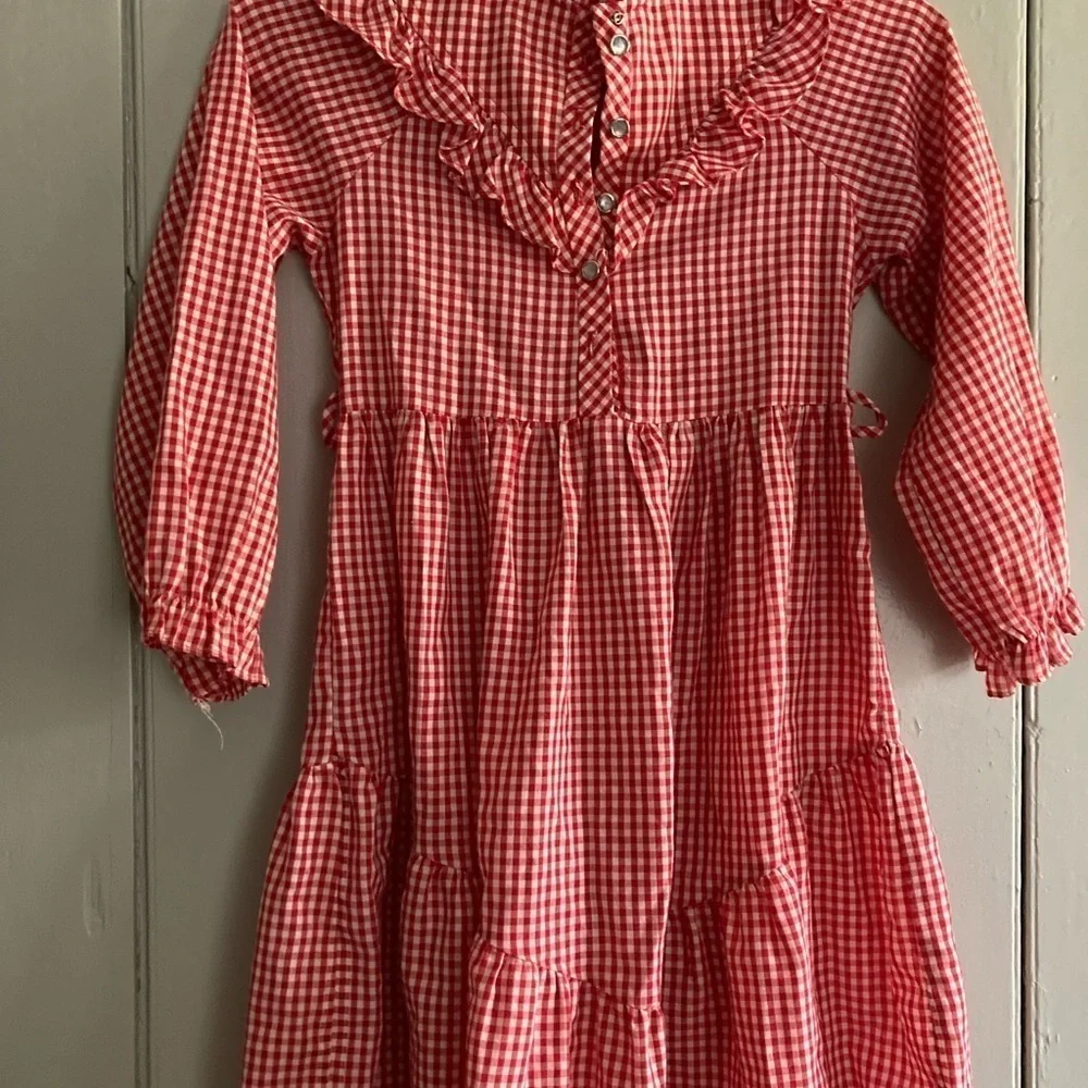 Vintage 70s girl's Cinderella Stop the Press red checkered dress Long Sleeve